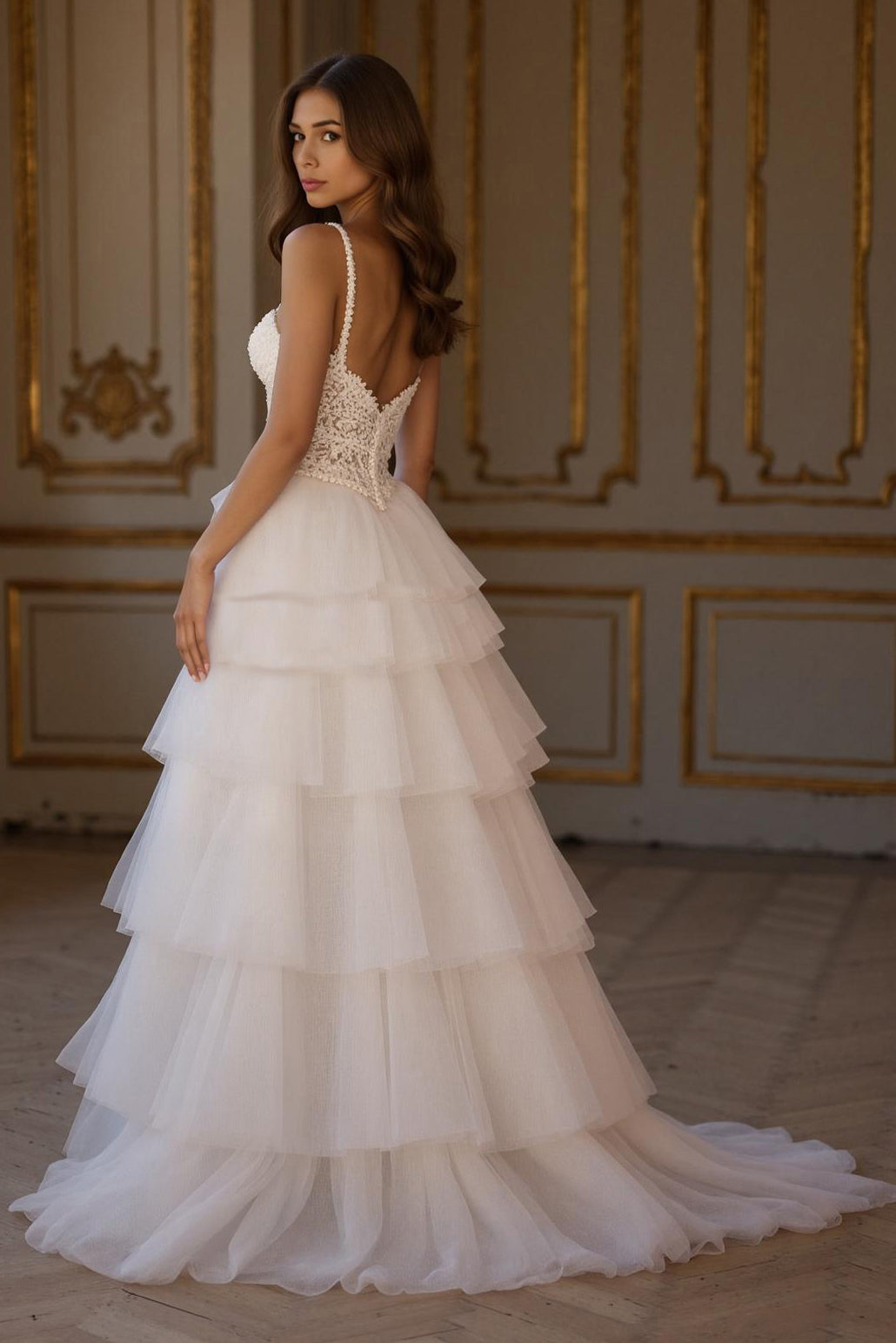 Tiered A-Line Ivory Appliqued Bridal Dress With Slit - Image 2