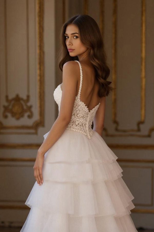 Tiered A-Line Ivory Appliqued Bridal Dress With Slit - Image 4