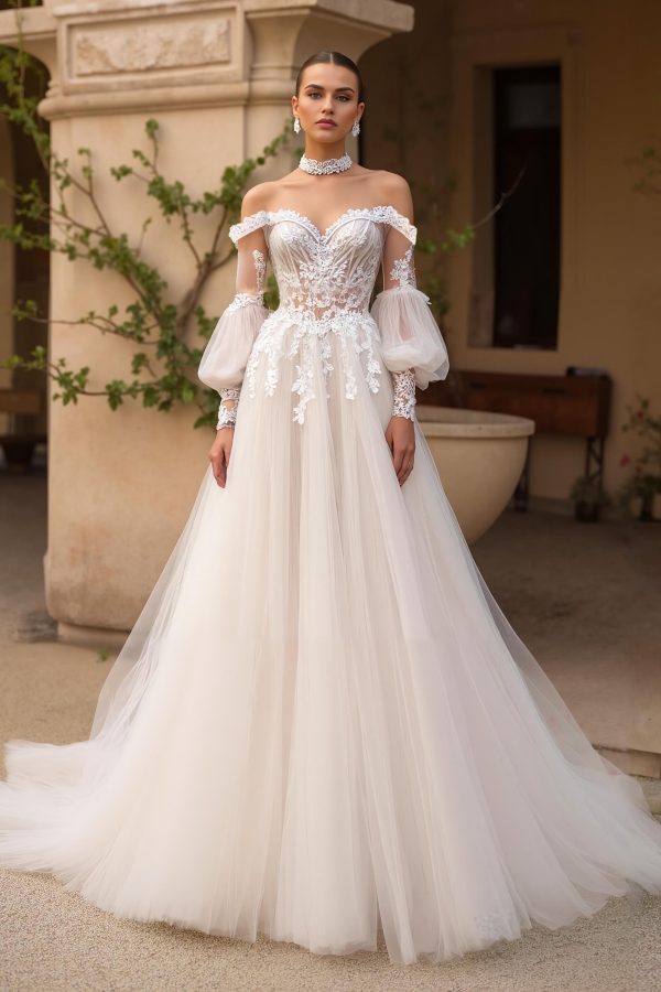 Tulle A-Line Ivory Off The Shoulder Wedding Dress With Appliques - Image 1