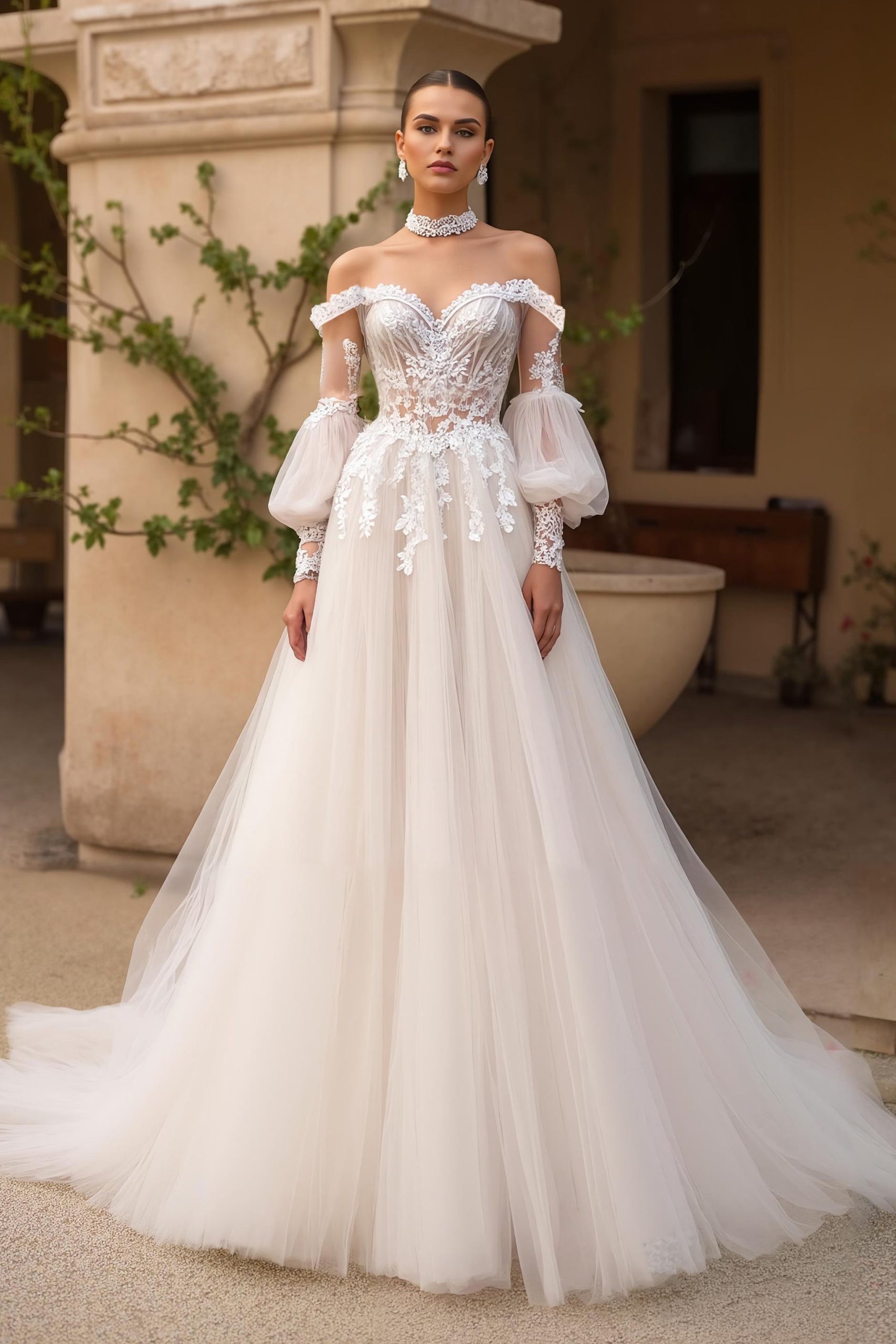 Tulle A-Line Ivory Off The Shoulder Wedding Dress With Appliques - Image 1