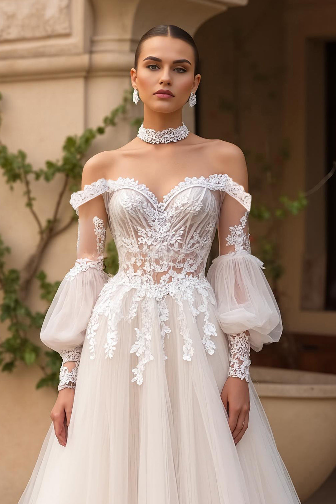 Tulle A-Line Ivory Off The Shoulder Wedding Dress With Appliques - Image 3