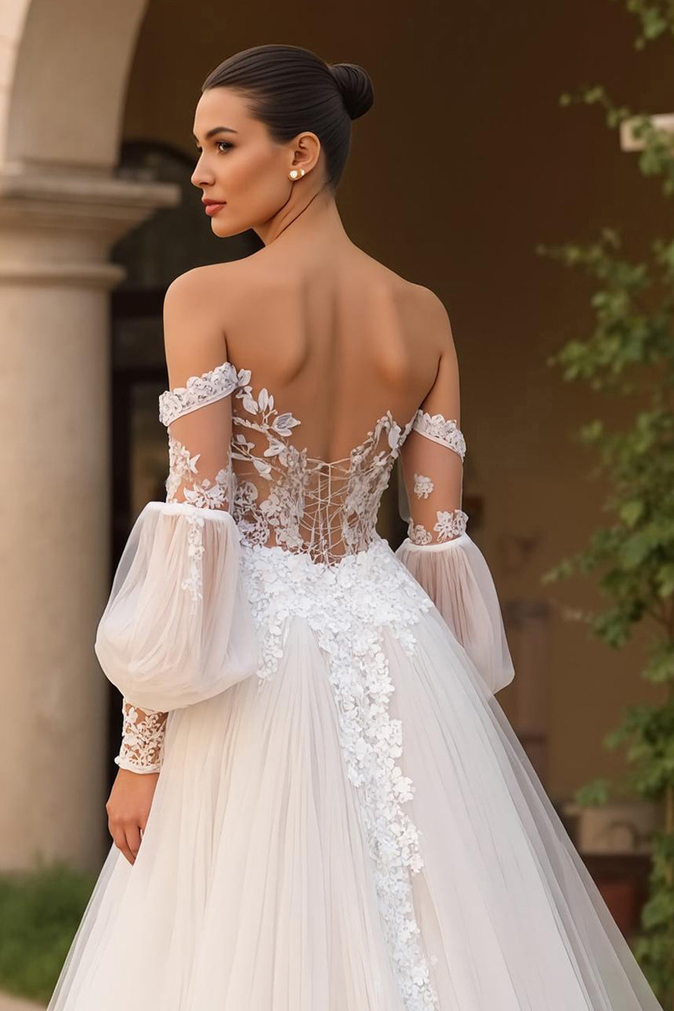 Tulle A-Line Ivory Off The Shoulder Wedding Dress With Appliques - Image 4