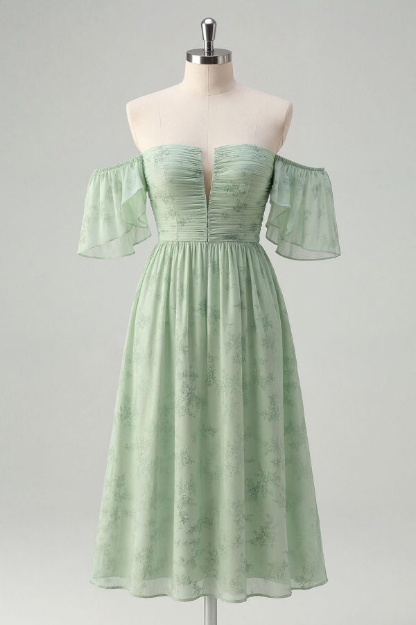 Off The Shoulder Printed Sage Green Midi Homecoming Dress