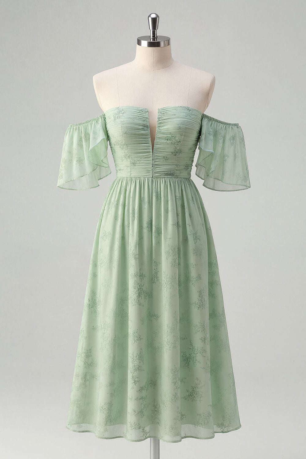 Off The Shoulder Printed Sage Green Midi Homecoming Dress - Image 1