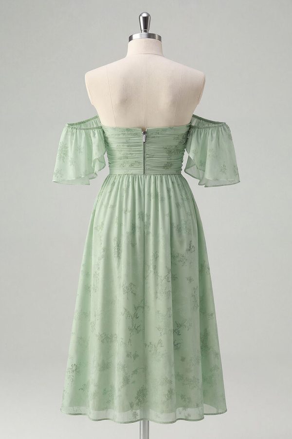 Off The Shoulder Printed Sage Green Midi Homecoming Dress - Image 2