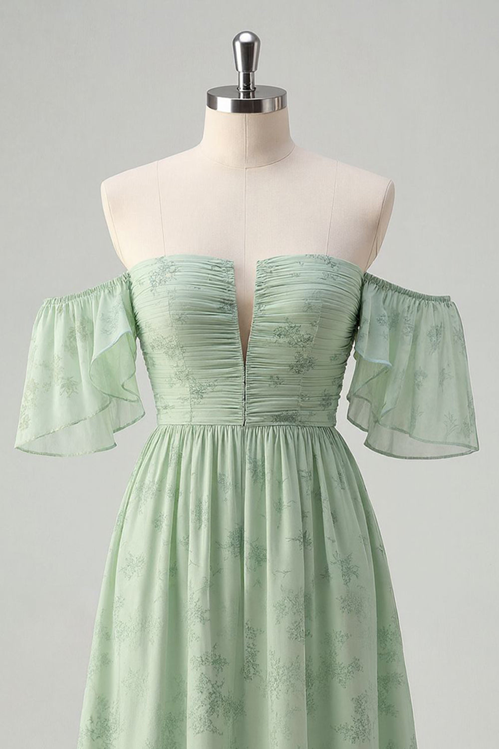 Off The Shoulder Printed Sage Green Midi Homecoming Dress - Image 3