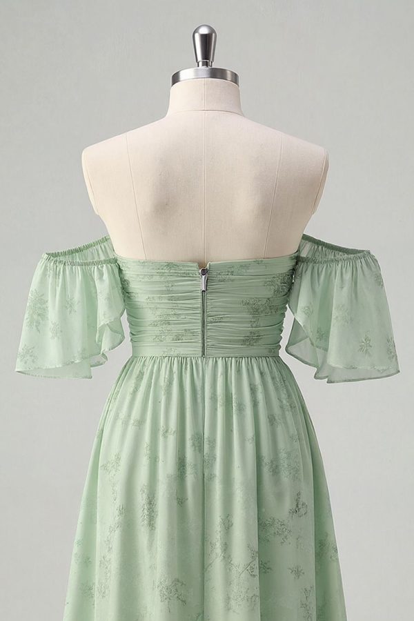 Off The Shoulder Printed Sage Green Midi Homecoming Dress - Image 4