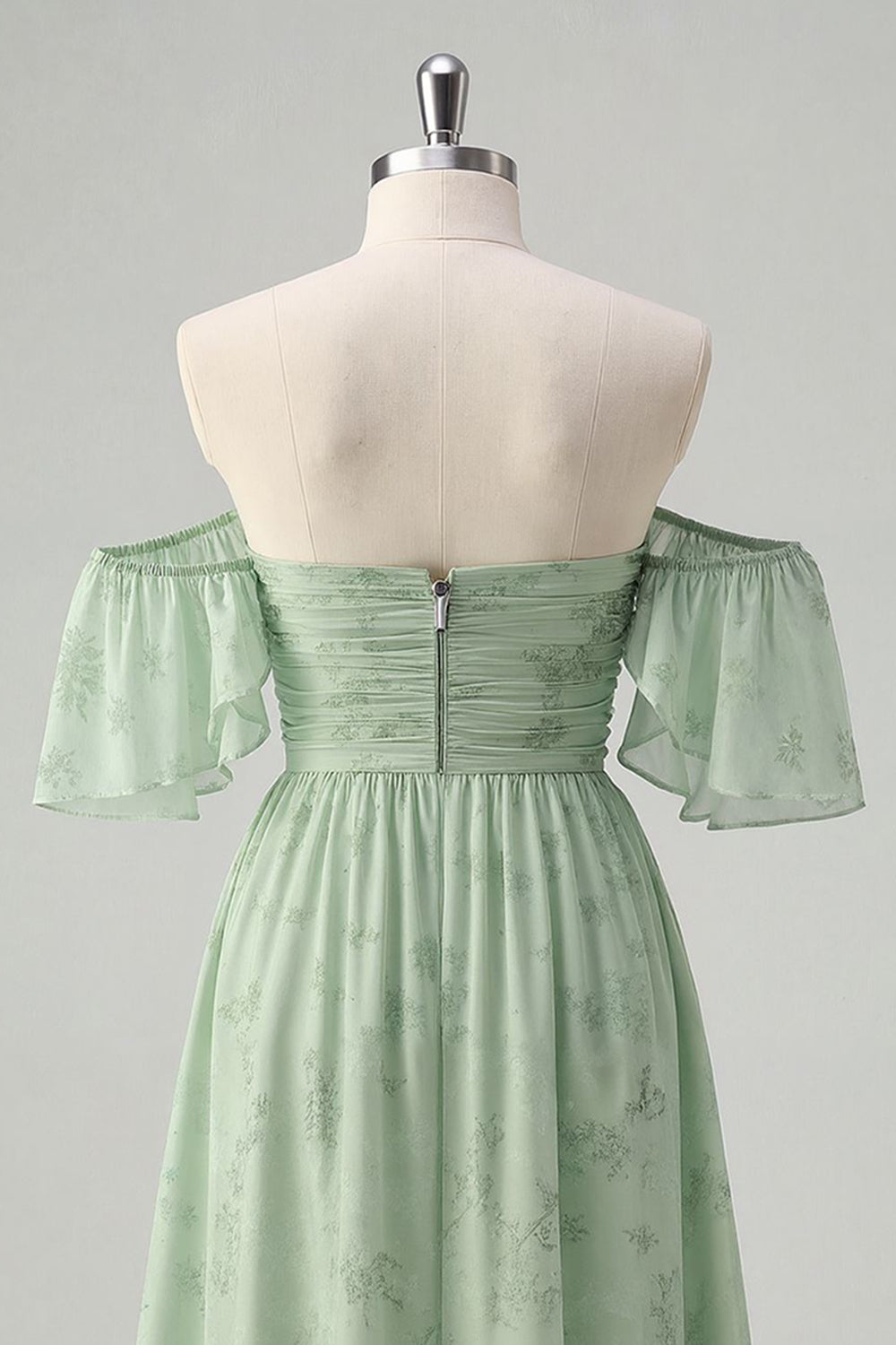 Off The Shoulder Printed Sage Green Midi Homecoming Dress - Image 4