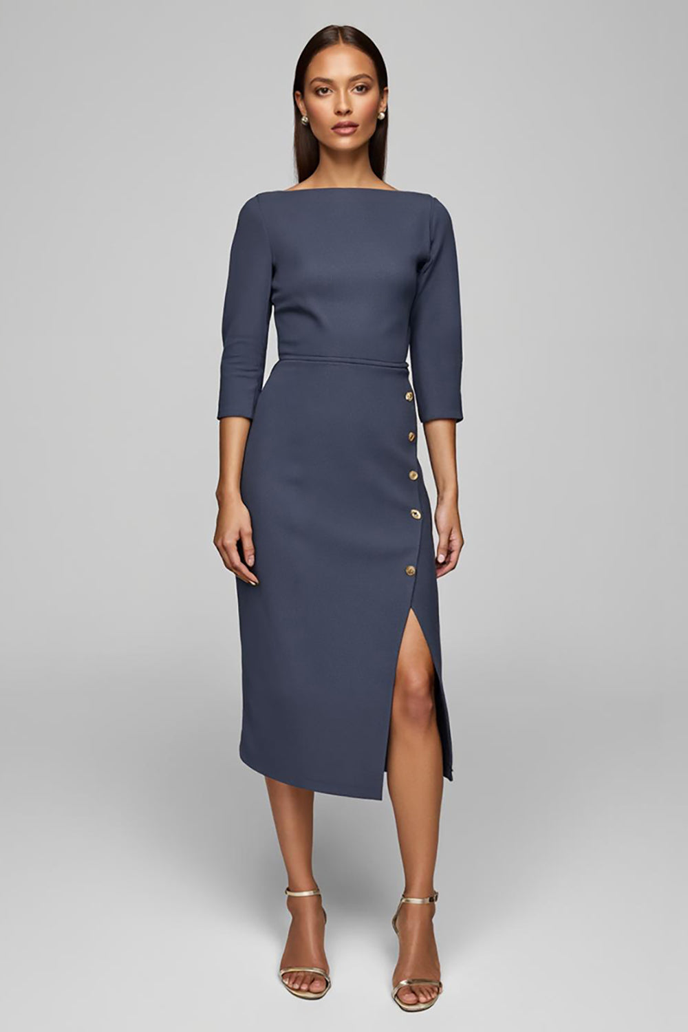 Twilight Sheath 3/4 Sleeve Midi Work Dress With Slit - Image 1