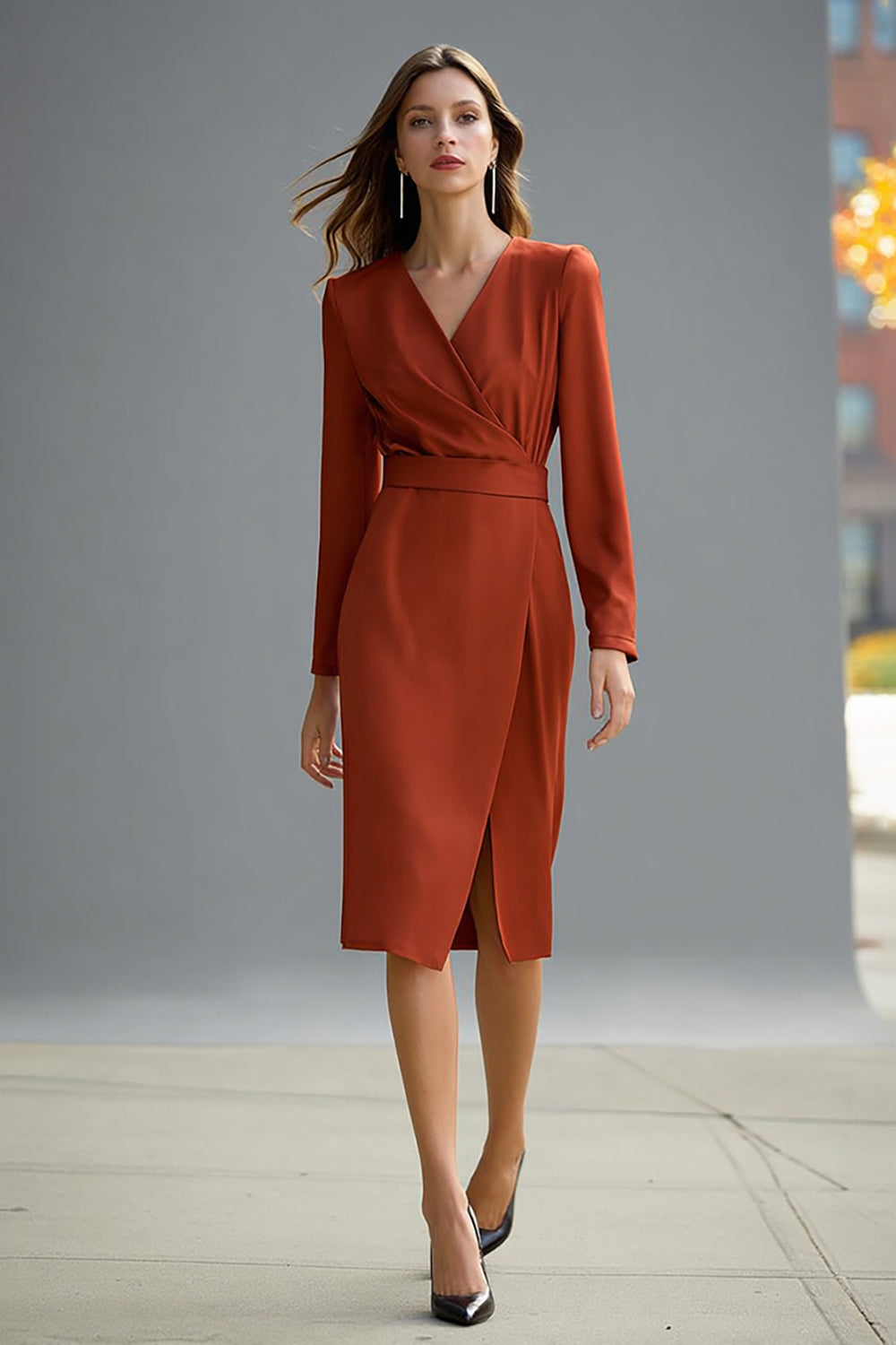 Terracotta V-Neck Long Sleeve Sheath Work Dress With Slit - Image 1