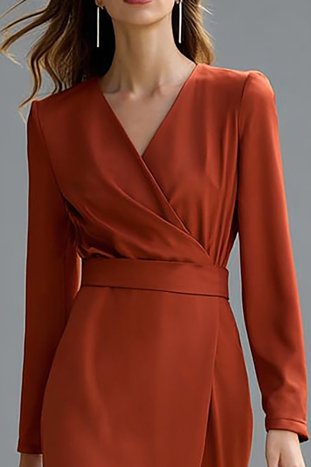 Terracotta V-Neck Long Sleeve Sheath Work Dress With Slit - Image 2