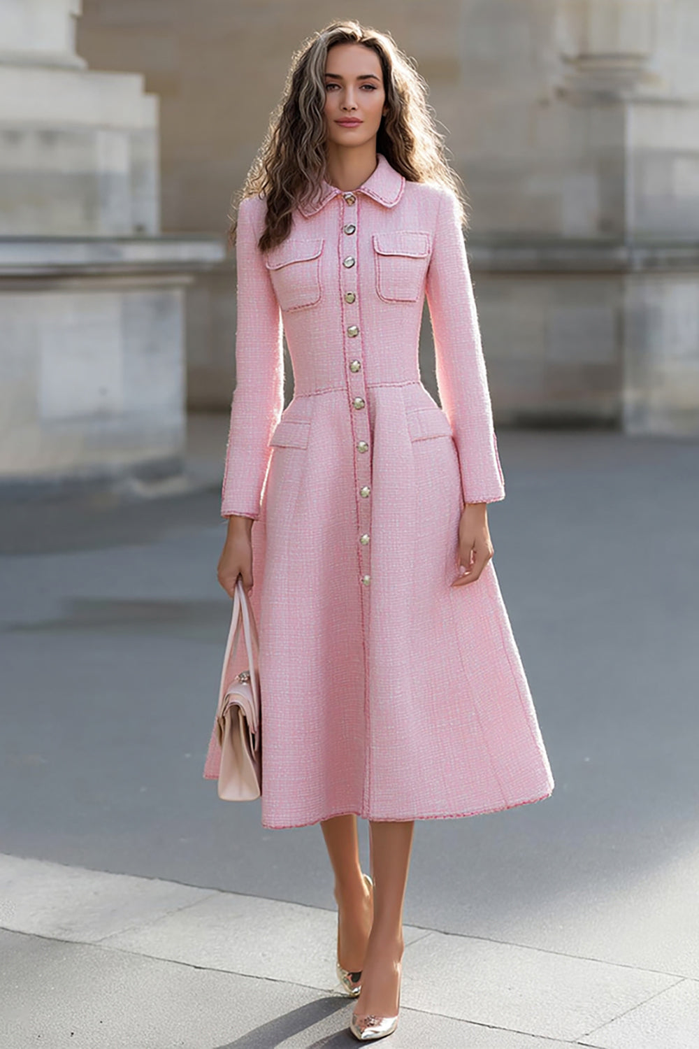 Tweed A-Line Pink Long Sleeve Midi Work Dress - Image 1