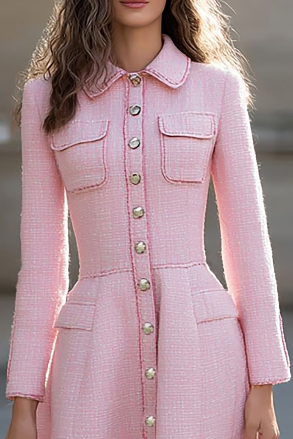 Tweed A-Line Pink Long Sleeve Midi Work Dress - Image 2