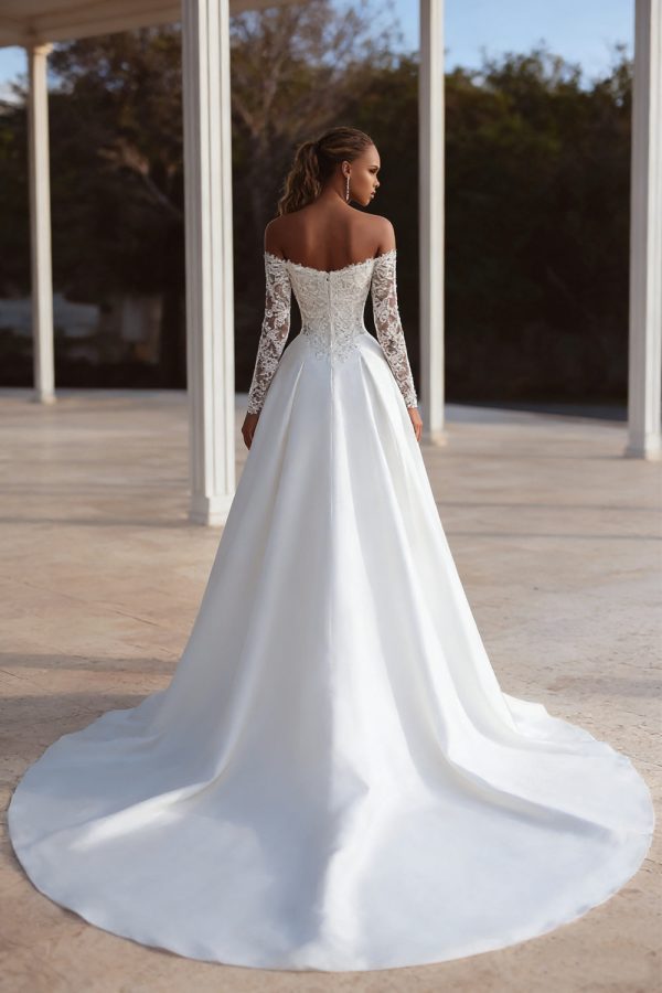 Off the Shoulder Long Sleeve Ivory Bridal Gown Dress With Lace - Image 2