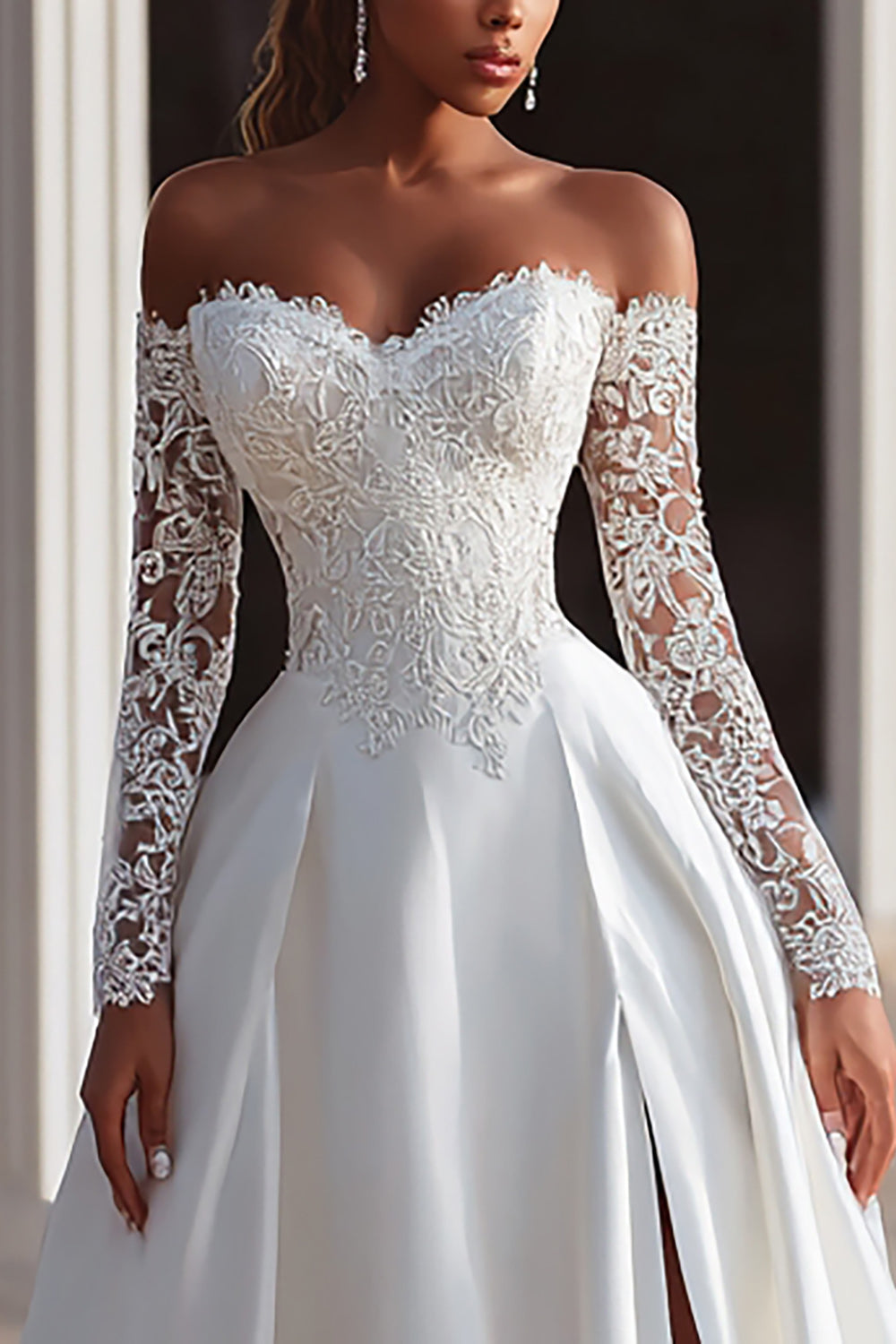 Off the Shoulder Long Sleeve Ivory Bridal Gown Dress With Lace - Image 3
