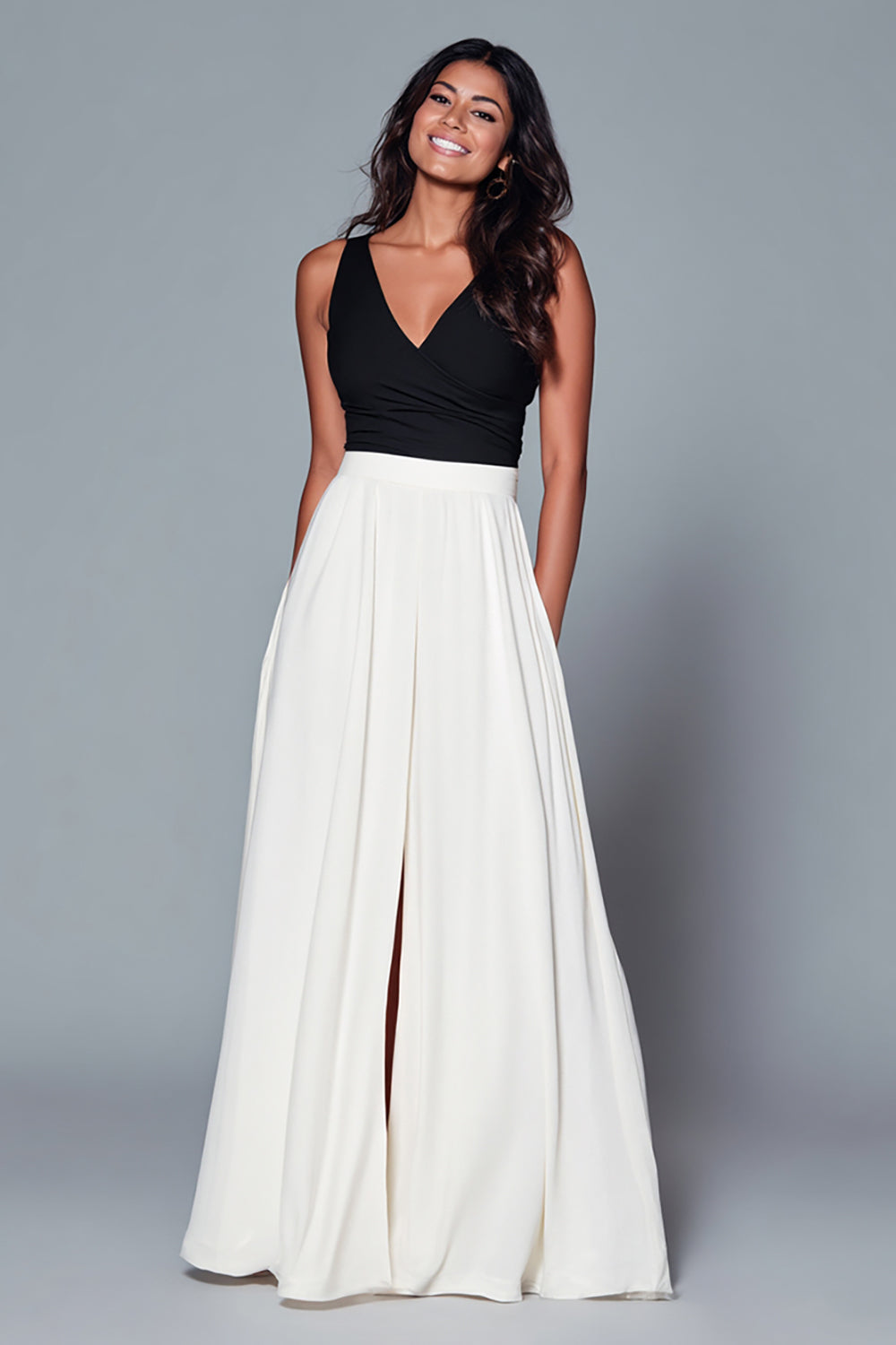 V-Neck A-Line Black and White Formal Dress With Slit - Image 1