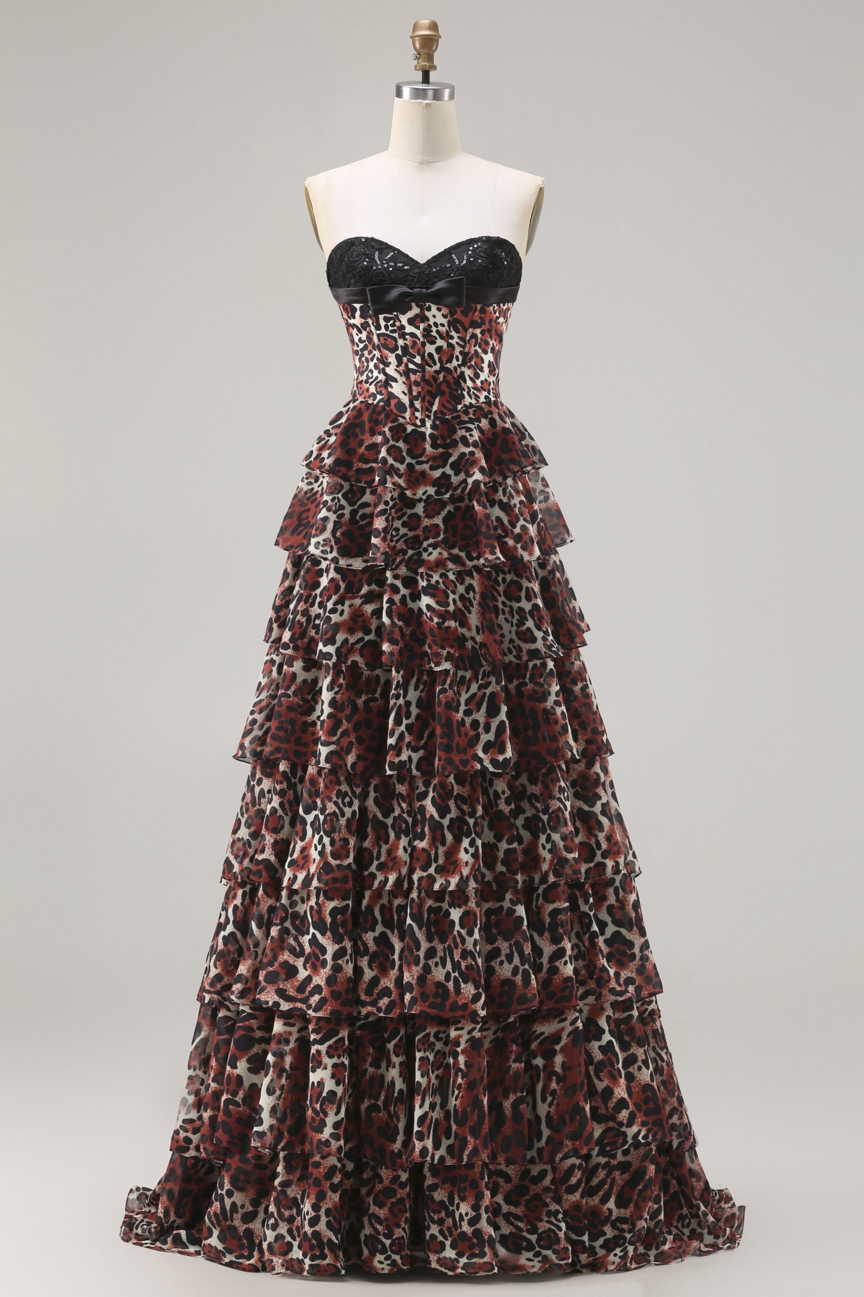 Sweetheart Brown Leopard Tiered Corset A-Line Prom Dress - Image 1