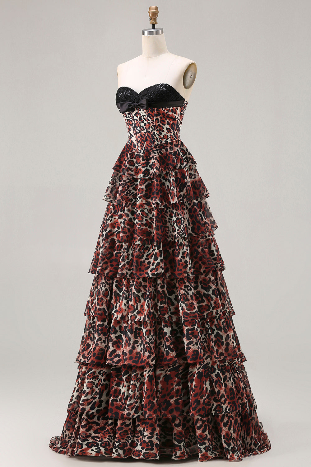 Sweetheart Brown Leopard Tiered Corset A-Line Prom Dress - Image 3