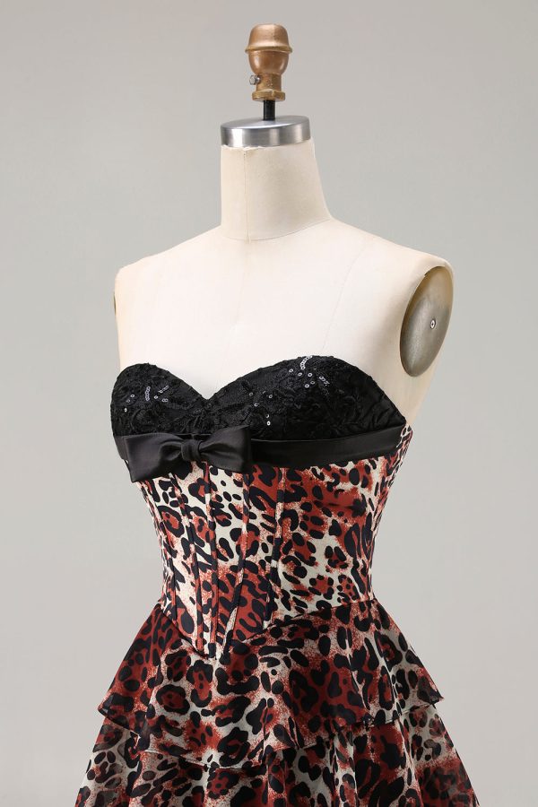 Sweetheart Brown Leopard Tiered Corset A-Line Prom Dress - Image 6