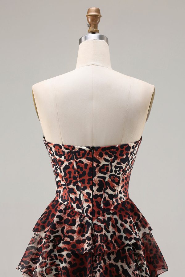 Sweetheart Brown Leopard Tiered Corset A-Line Prom Dress - Image 5