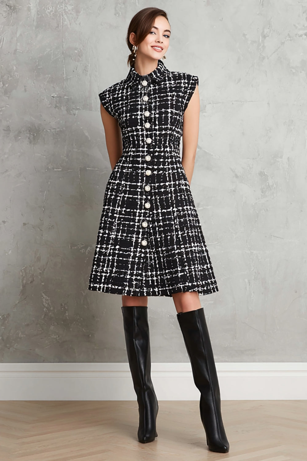 Tweed A-Line Black High Neck Work Dress - Image 1