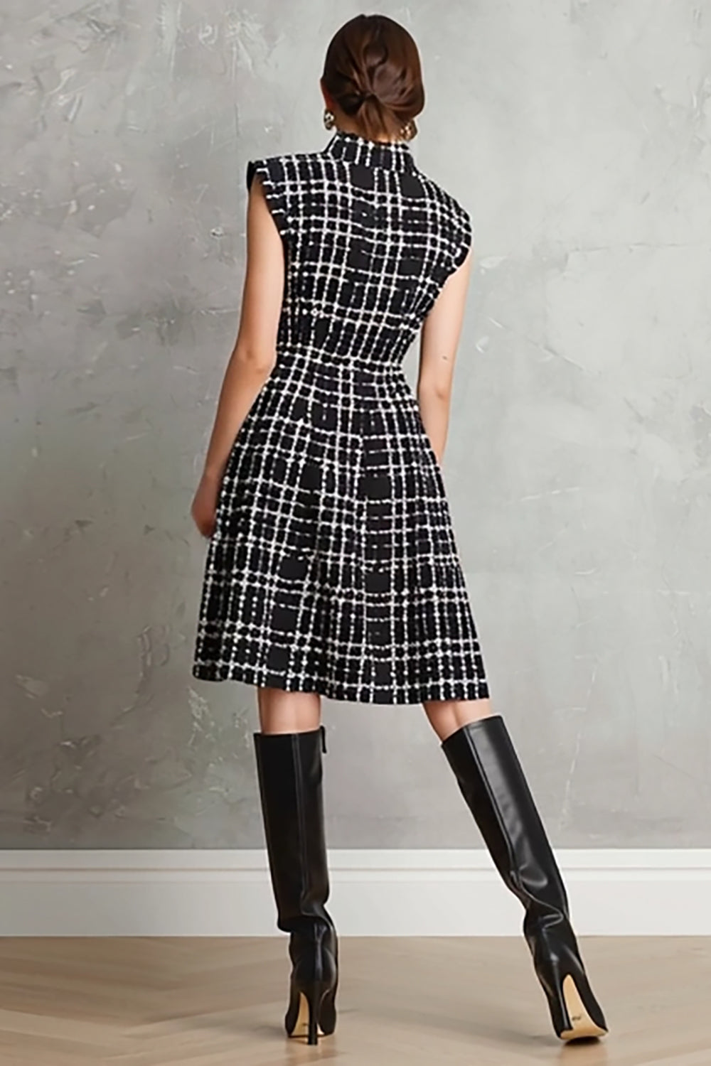 Tweed A-Line Black High Neck Work Dress - Image 2