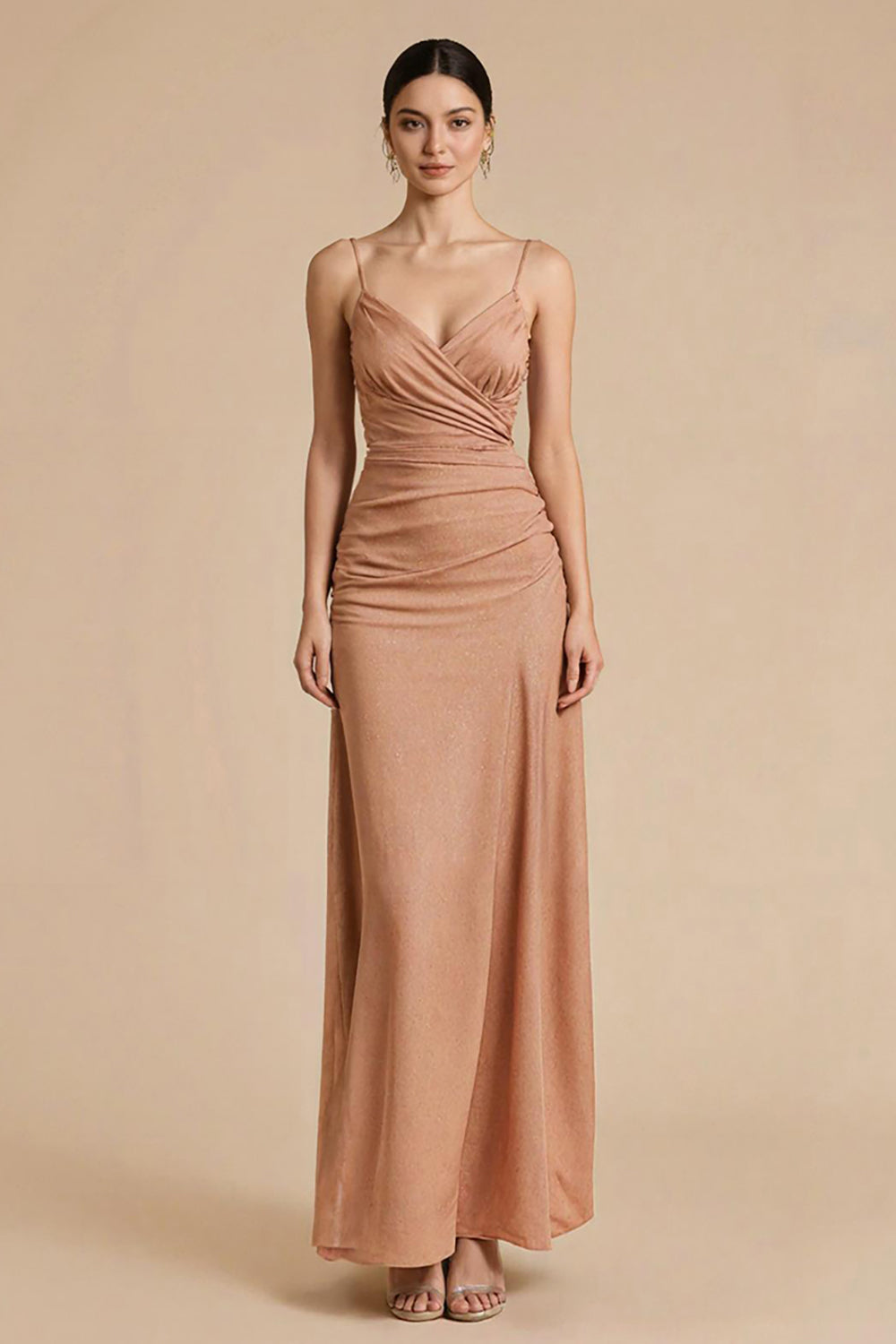 Terracotta Sheath Spaghetti Straps Ruched Maxi Dress - Image 1