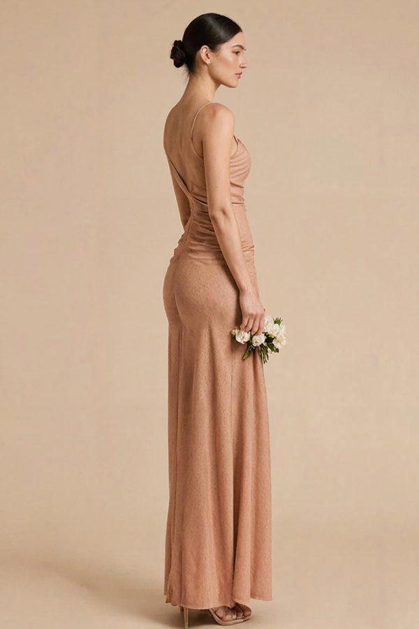 Terracotta Sheath Spaghetti Straps Ruched Maxi Dress - Image 2