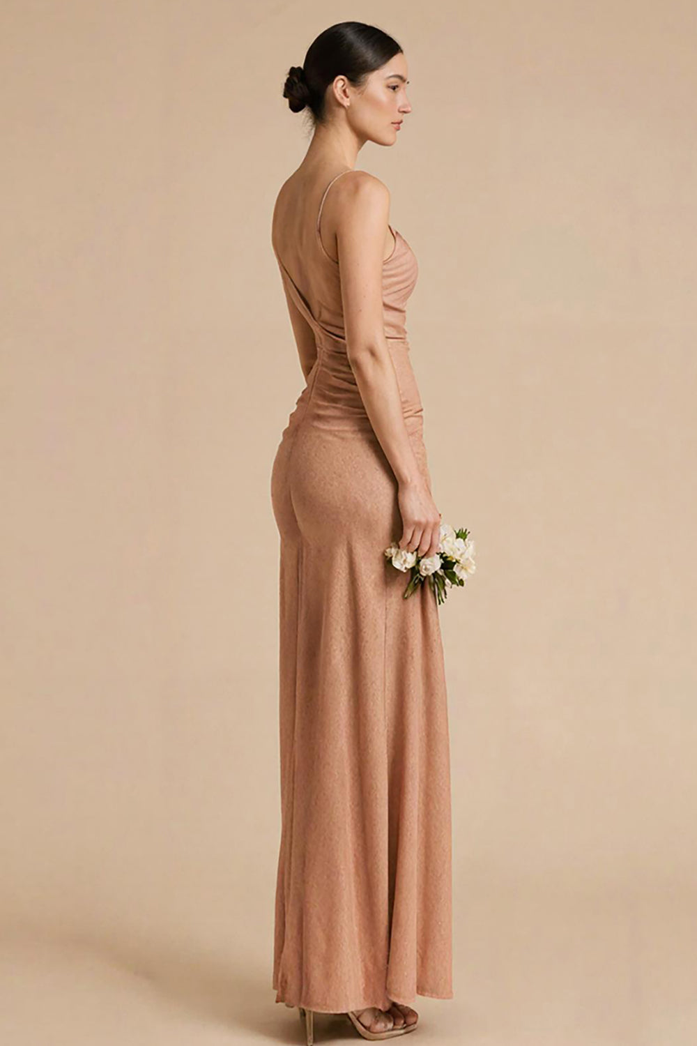 Terracotta Sheath Spaghetti Straps Ruched Maxi Dress - Image 2