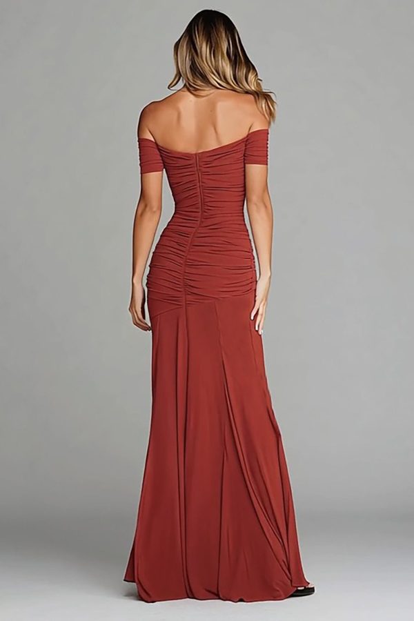Terracotta Sheath Ruched Off The Shoulder Formal Dress - Image 2