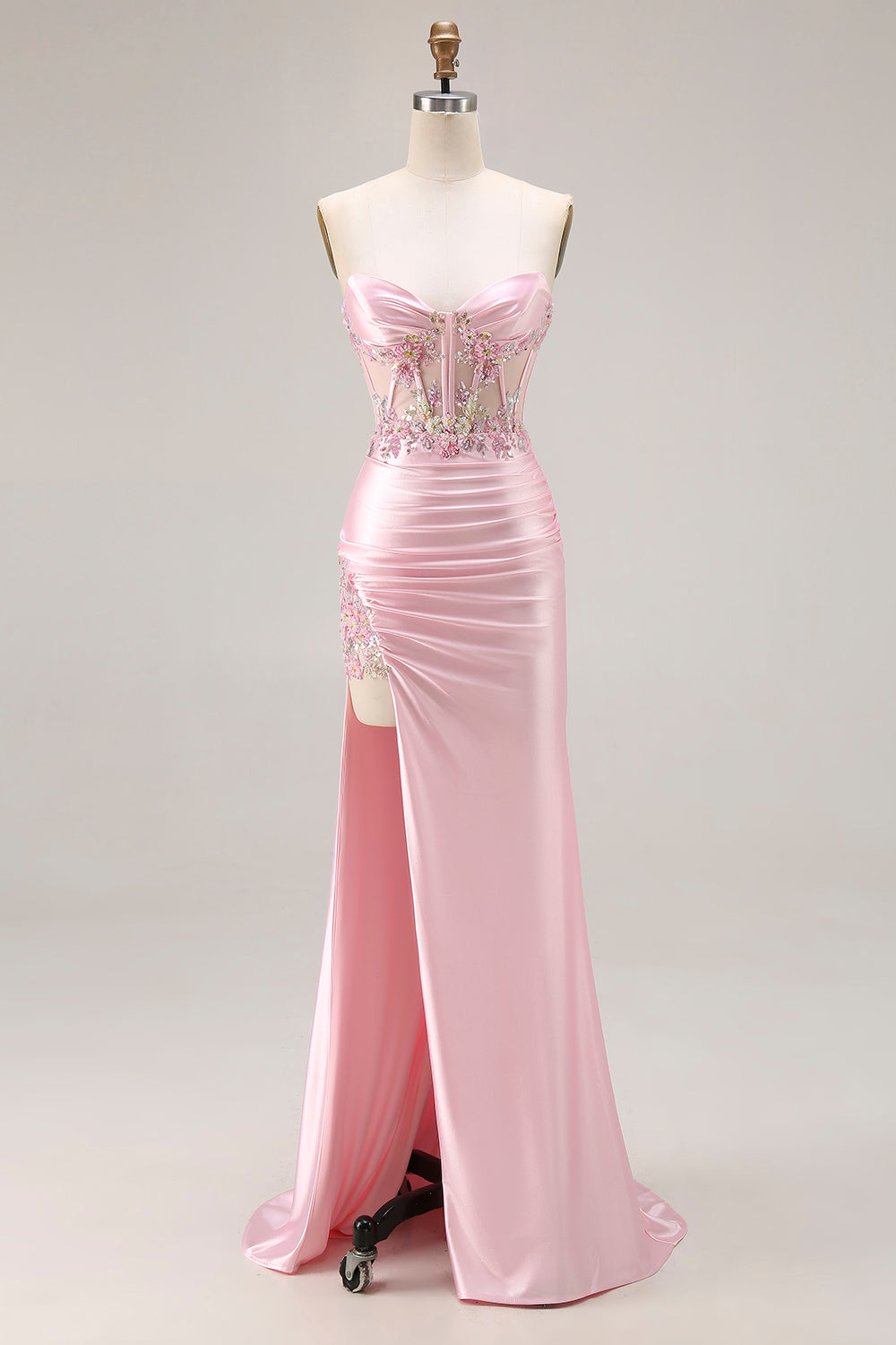 Sweetheart Corset Pink Appliqued Maxi Prom Dress With Slit - Image 1