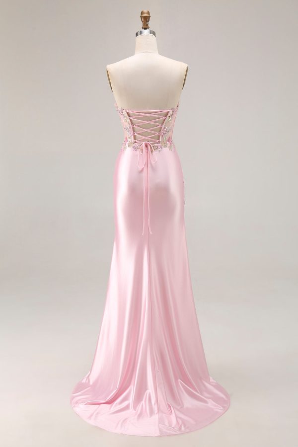 Sweetheart Corset Pink Appliqued Maxi Prom Dress With Slit - Image 2