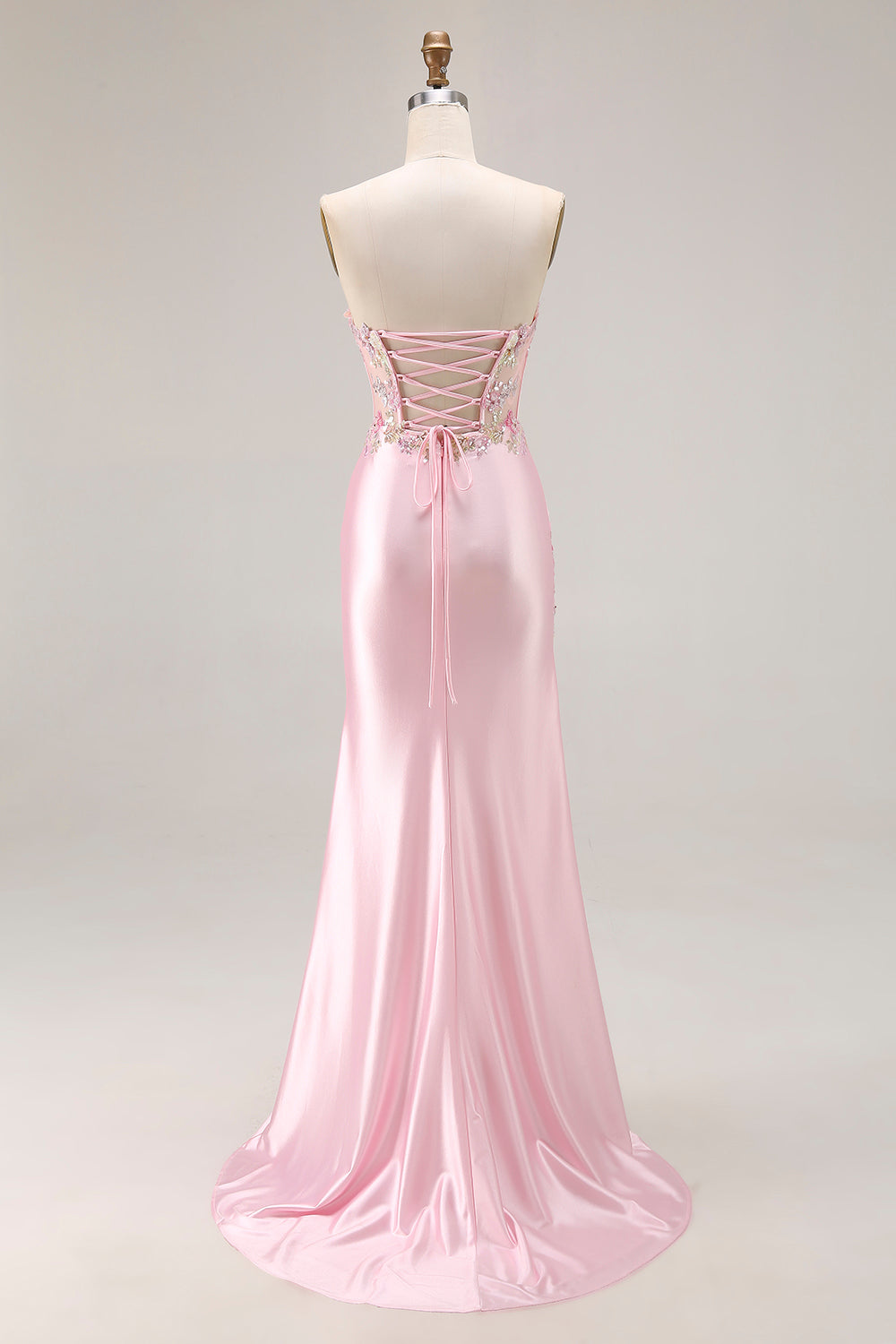 Sweetheart Corset Pink Appliqued Maxi Prom Dress With Slit - Image 2