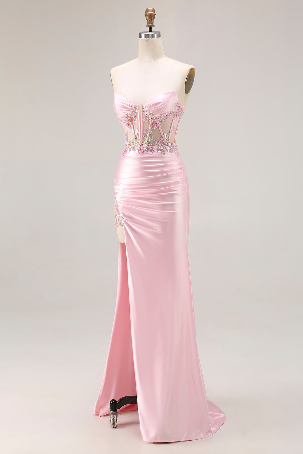 Sweetheart Corset Pink Appliqued Maxi Prom Dress With Slit - Image 5