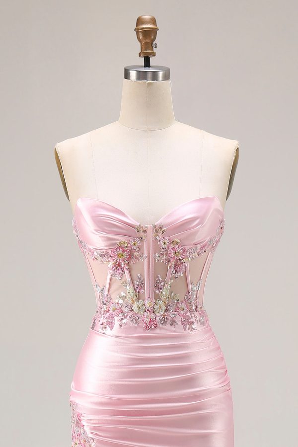 Sweetheart Corset Pink Appliqued Maxi Prom Dress With Slit - Image 6