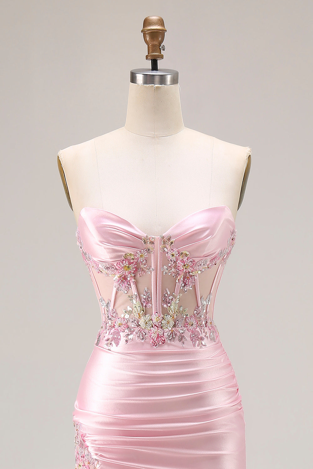 Sweetheart Corset Pink Appliqued Maxi Prom Dress With Slit - Image 6