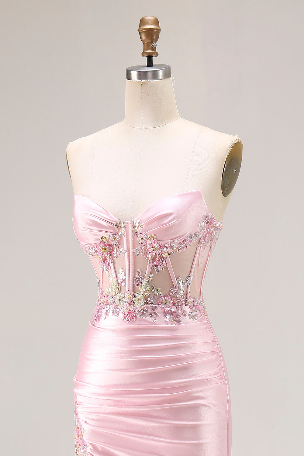 Sweetheart Corset Pink Appliqued Maxi Prom Dress With Slit - Image 8