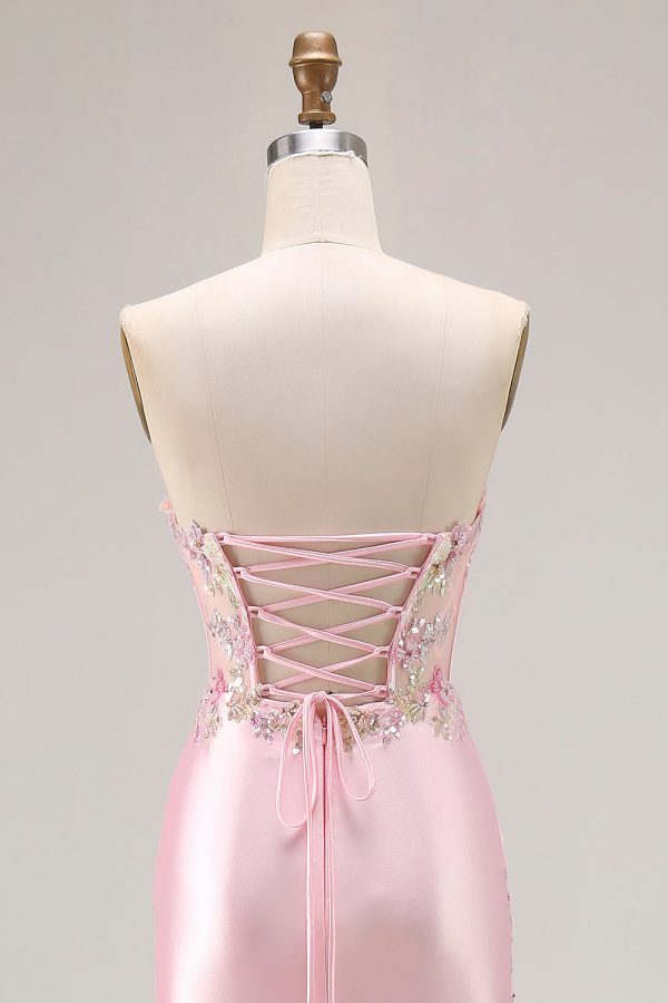 Sweetheart Corset Pink Appliqued Maxi Prom Dress With Slit - Image 7
