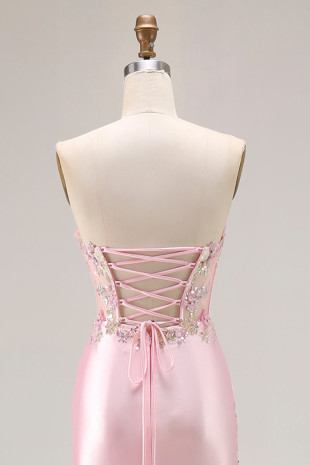 Sweetheart Corset Pink Appliqued Maxi Prom Dress With Slit - Image 7