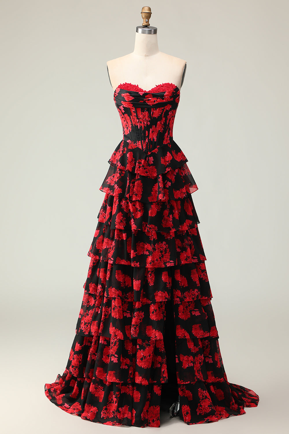 Tiered Black Red Floral Strapless Corset Prom Dress - Image 3