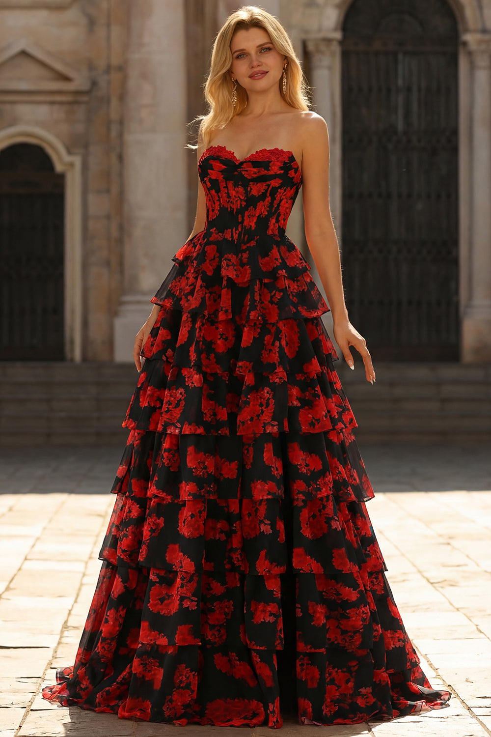 Tiered Black Red Floral Strapless Corset Prom Dress - Image 1