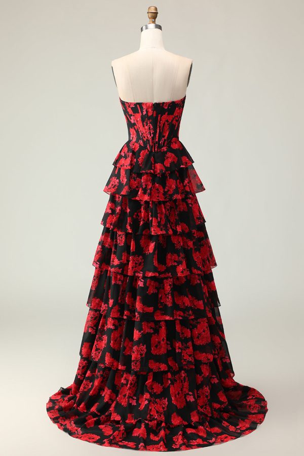 Tiered Black Red Floral Strapless Corset Prom Dress - Image 4