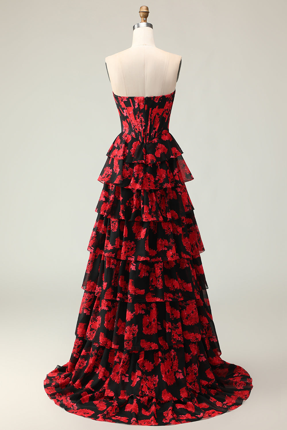 Tiered Black Red Floral Strapless Corset Prom Dress - Image 4