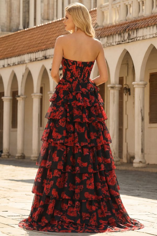 Tiered Black Red Floral Strapless Corset Prom Dress - Image 2