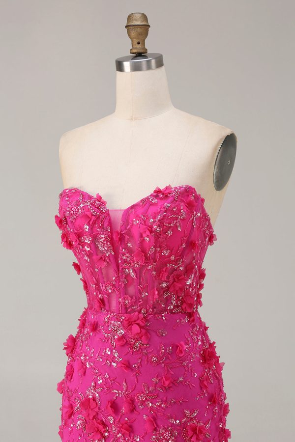 Sweetheart Fuchsia Mermaid Appliqued Prom Dress With Slit - Image 6