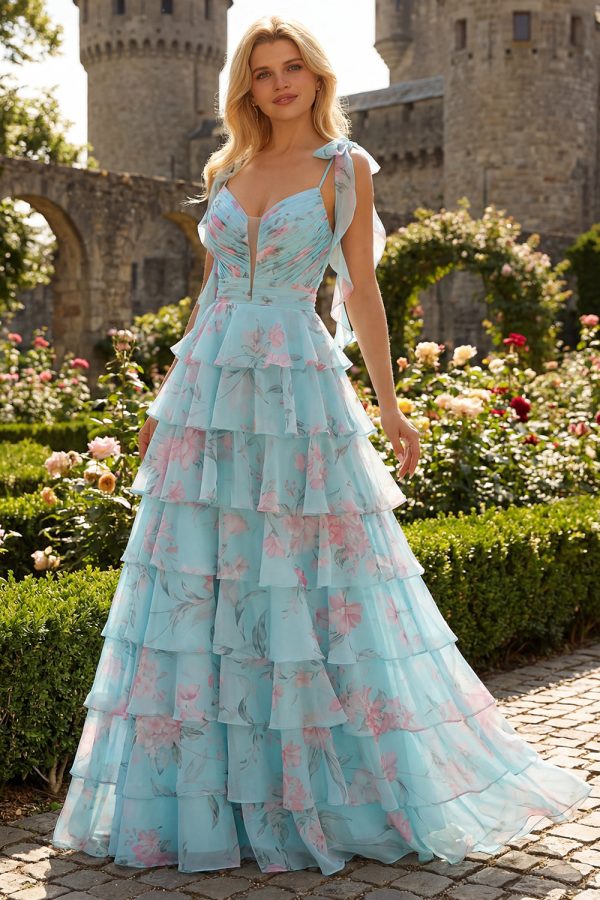 Tiered Ruched Blue Pink Floral Prom Dress with Bow - Image 2