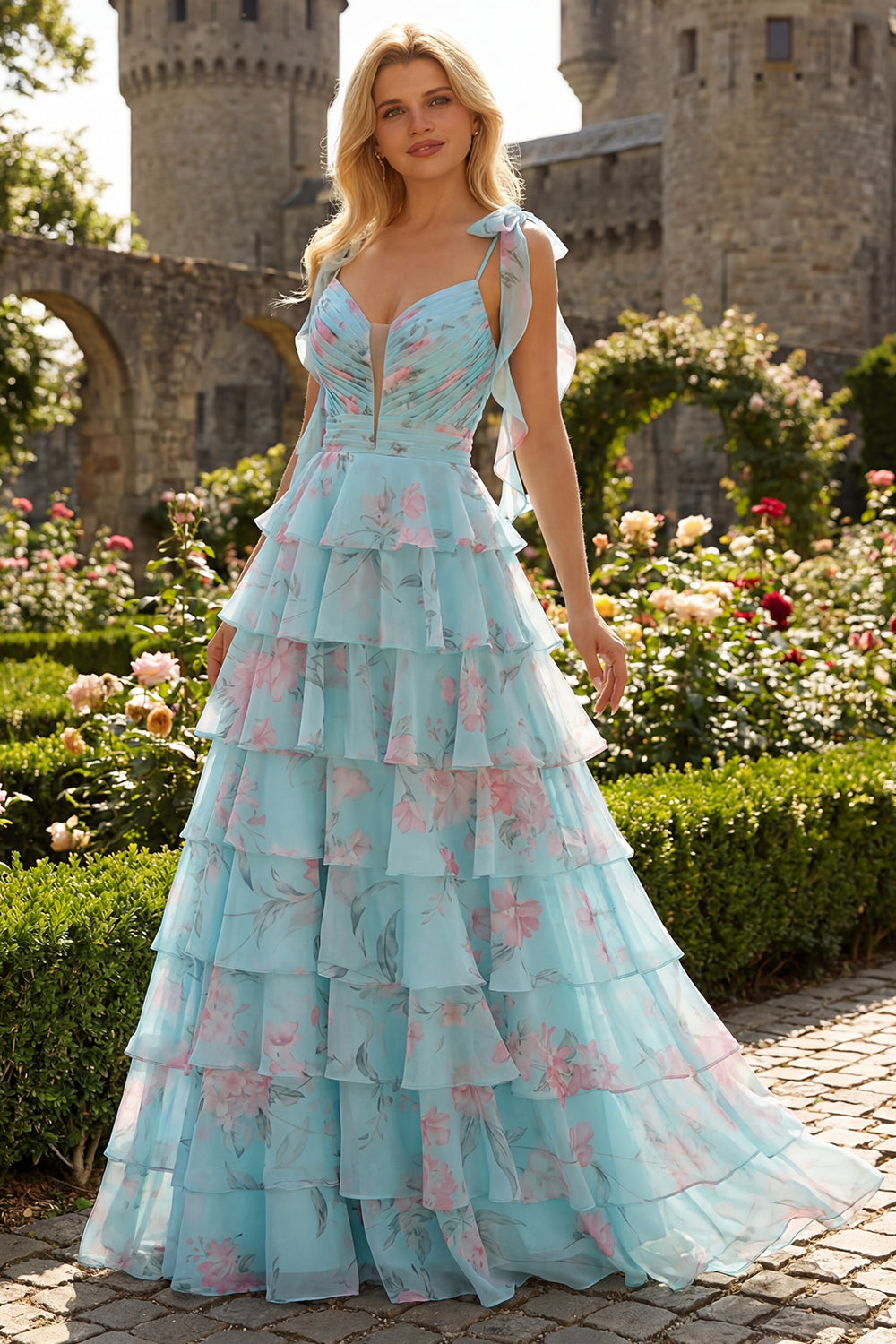 Tiered Ruched Blue Pink Floral Prom Dress with Bow - Image 2