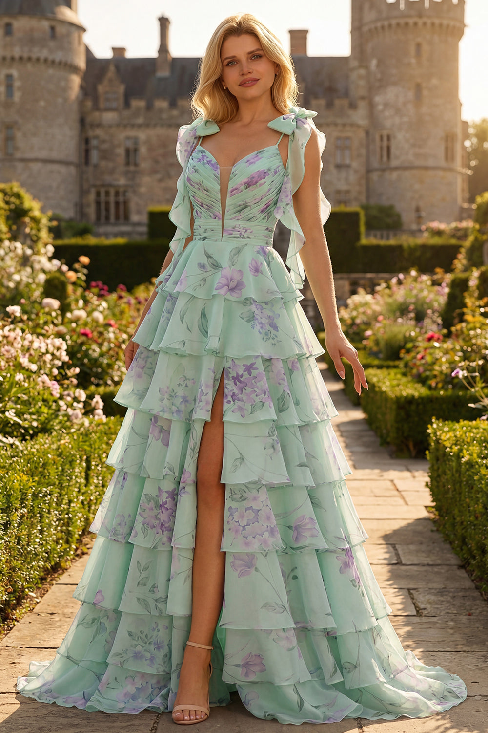Tiered Ruched Blue Pink Floral Prom Dress with Bow - Image 4