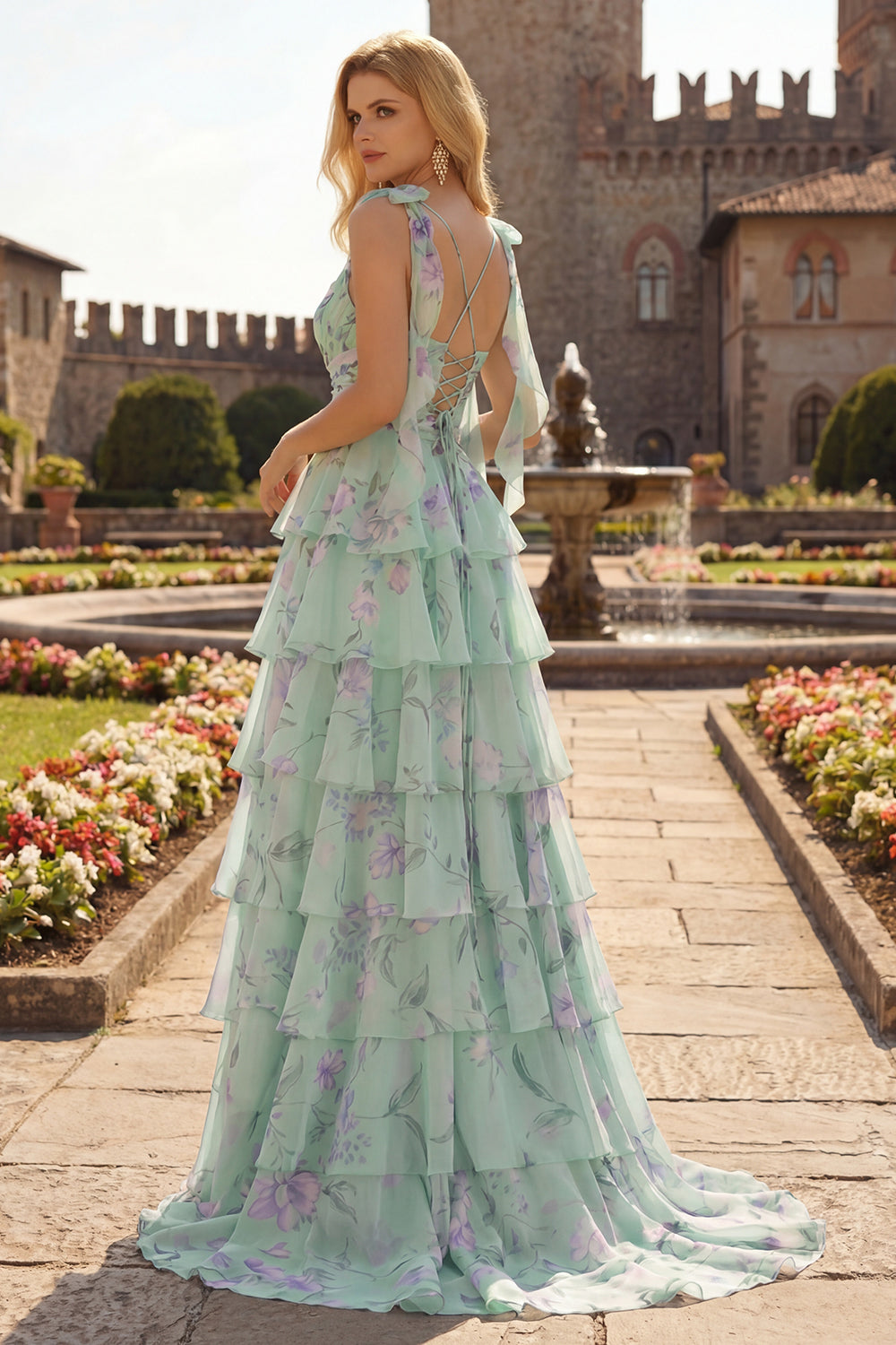 Tiered Ruched Blue Pink Floral Prom Dress with Bow - Image 5