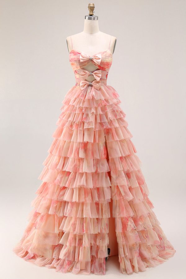 Tiered Spaghetti Straps Sunset Cut Out Prom Dress with Bows